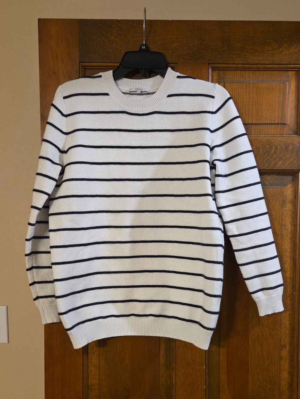 FRNCH White Crewneck Sweater with Black Stripes